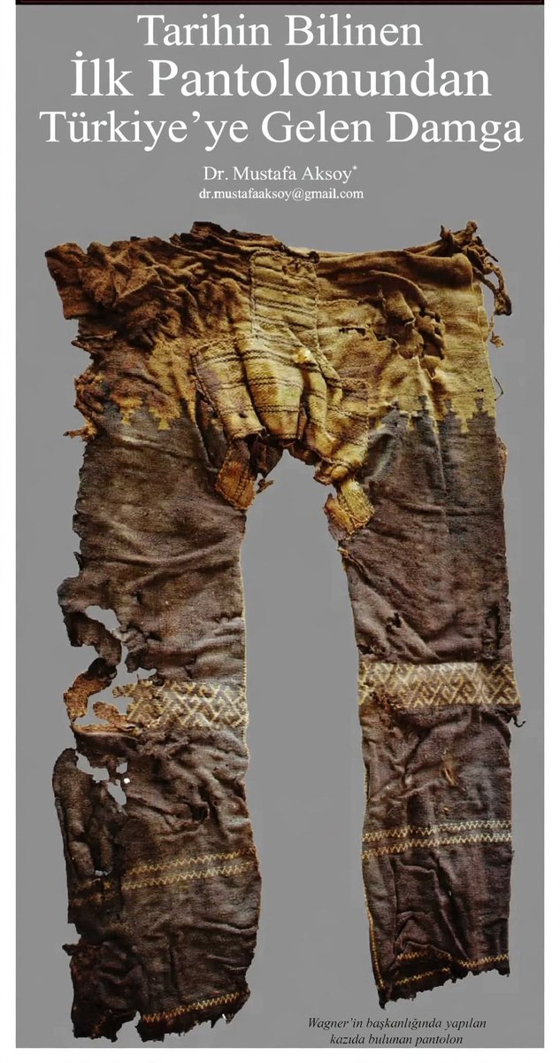 SosyologAksoy's tweet photo. Dünyanın bilinen ilk pantolonu (tarihlendirme M. Ö. 1500-1200) arkeolog Wagner tarafından 2014'de Doğu Türkistan'ın Turfan şehrinde buldu.
Pantolondaki damga Çinliler, 
Avrupalılar, Farslar ve Ruslarda yok.
Fotoğraflar: İlk pantolon, Çuvaşistan'da kültür merkezi ve Güney Arizona'da kaya resim alanı (MS. 6.yy).
