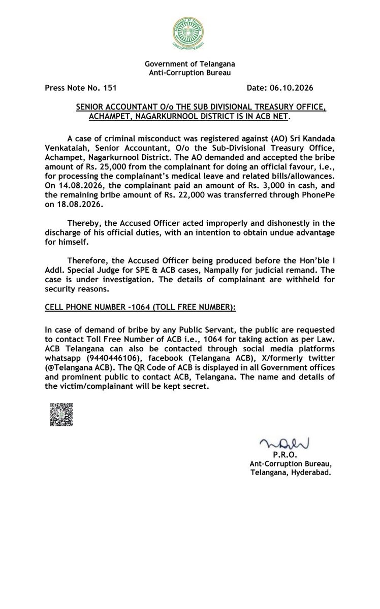 TelanganaACB's tweet photo. TRAP CASE - MAHABUBNAGAR RANGE

Kandada Venkataiah, Senior Accountant, O/o the Sub-Divisional Treasury Office, Acchampet, Nagarkurnool Dist was caught by ACB, Mahabub Nagar Range when AO demanded and accepted bribe amount of Rs. 25,000/-.

(Full details are in Press Note) https://t.co/LLO3Q1Lg8r