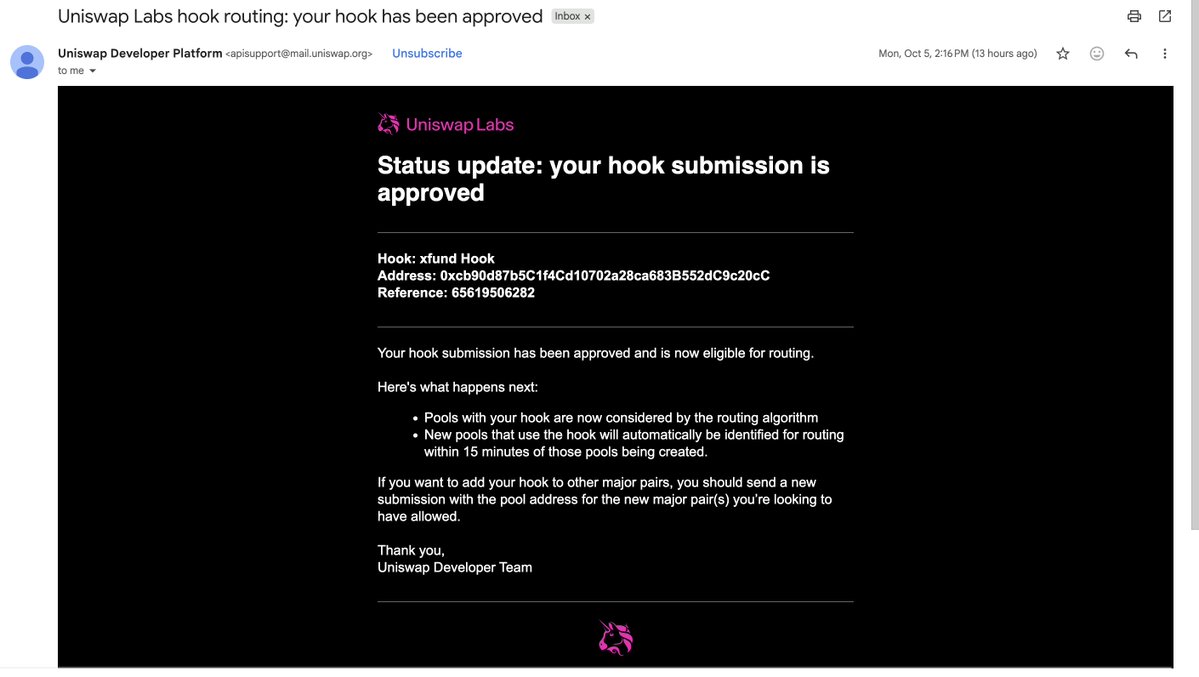 XFUNDMONEY's tweet photo. Xfund hook: approved for @Uniswap routing. 

Every coin launched on xfund on Robinhood Chain is now routable through Uniswap.

https://t.co/wbCmrM3Mm5 https://t.co/qxE9HqlQ7B