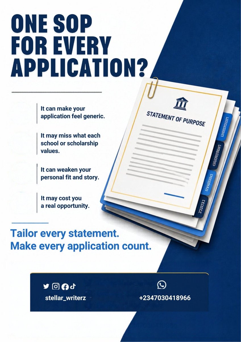 stellarwriterz's tweet photo. Using one SOP for every application might be costing you opportunities.

Every university and scholarship is looking for something slightly different. Your Statement of Purpose should show that you understand their programme, their values, and why you are a strong fit. https://t.co/W7ZzpiBDbh