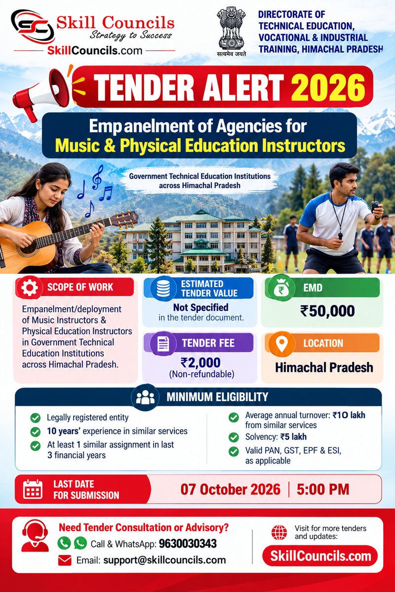 Skillcouncils's tweet photo. Tender Authority:
Directorate of Technical Education, Vocational & Industrial Training, Himachal Pradesh, Sundernagar
π² For Tender Consultation & Advisory:
Call/WhatsApp: 9630030343
Email: support@skillcouncils.com
#HimachalPradeshTender #TenderAlert #GovernmentTende https://t.co/PYJwxRa5Qq
