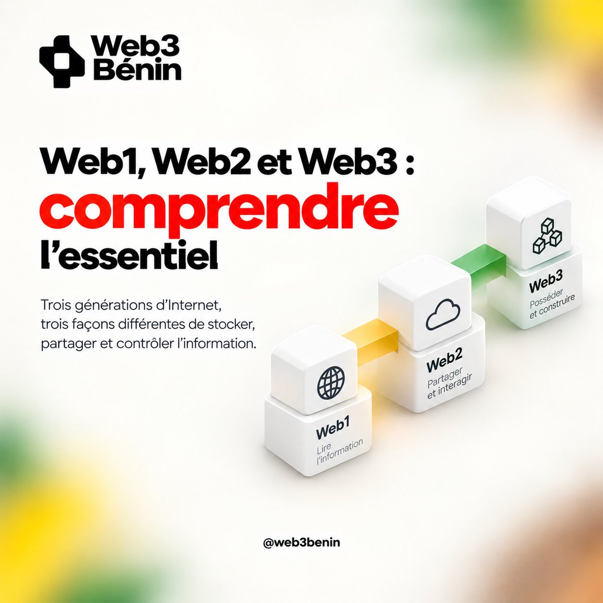 Web3Benin's tweet photo. On parle beaucoup de Web3 comme s’il fallait déjà tout comprendre pour s’y intéresser. En réalité, le plus simple est de revenir au début.

Le Web1 était principalement un Web que l’on consultait. Les sites publiaient de l’information et l’utilisateur venait la lire.
Avec le Web2, Internet est devenu beaucoup plus interactif. On crée des comptes, on publie, on commente, on échange, on travaille et on construit des communautés sur des plateformes.

Le Web3 cherche à introduire une autre logique : permettre à des utilisateurs d’interagir avec des applications et des services en s’appuyant notamment sur des blockchains, des wallets, des tokens et des smart contracts.
Mais il faut éviter de résumer tout cela à « Web1 = ceci, Web2 = cela, Web3 = crypto ».

La réalité est plus nuancée. Comprendre cette évolution permet surtout de mieux comprendre pourquoi certaines applications Web3 existent aujourd’hui, ce qu’elles essaient de changer et quelles sont encore leurs limites.