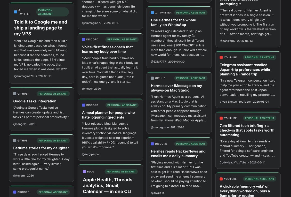 Hermes use-case collage spanning small-business installs, family assistants, GitHub integrations, message workflows, summaries, and other recurring automations