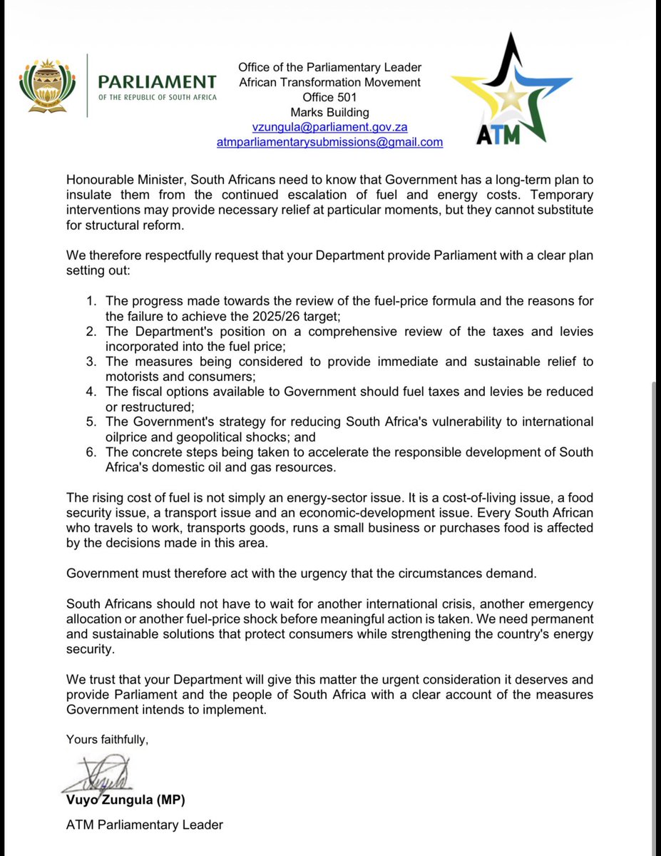 ZungulaVuyo's tweet photo. There must be a fundamental review of the fuel-pricing structure. Removing the taxes and levies would provide meaningful relief to consumers by up to R6 per litre.

South Africa must accelerate the development of its domestic oil and gas resources. Our dependence on international markets leaves our economy vulnerable to
international price shocks over which we have limited control.