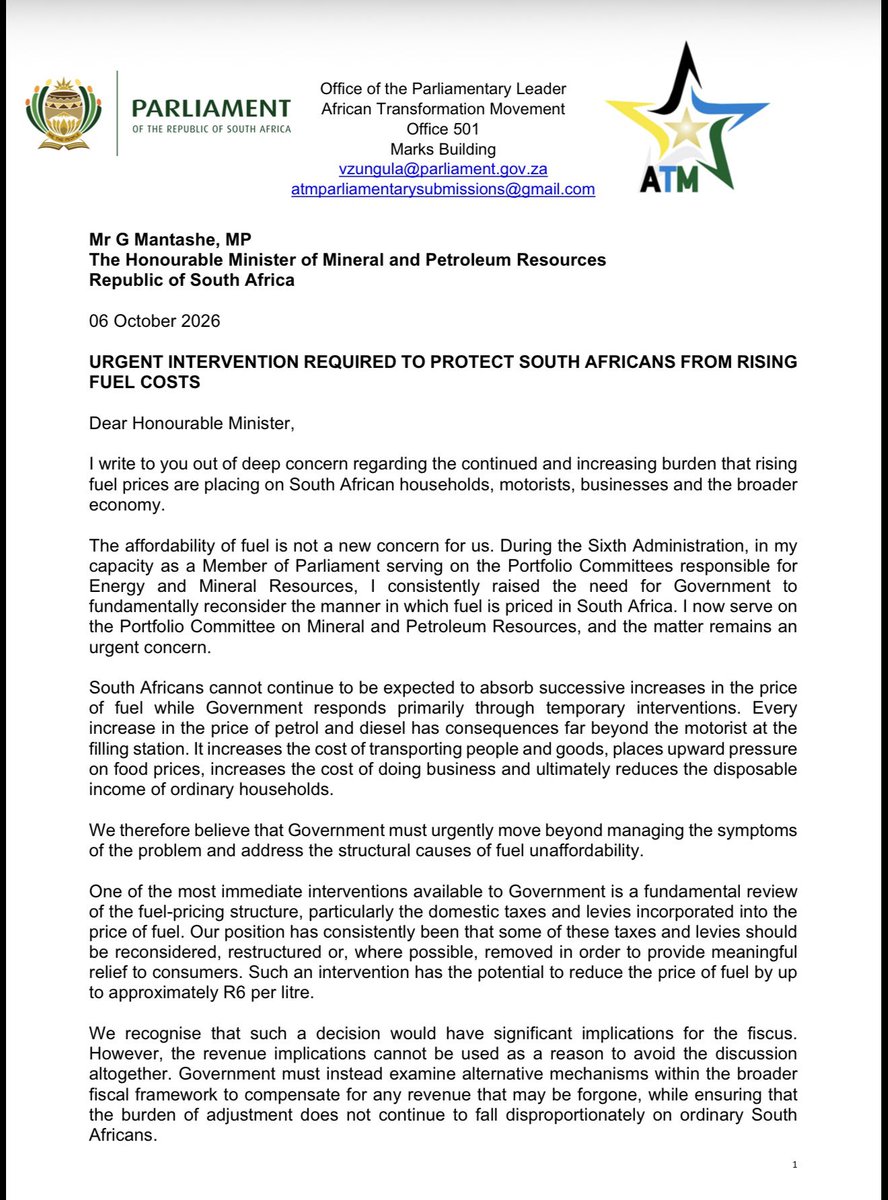 ZungulaVuyo's tweet photo. There must be a fundamental review of the fuel-pricing structure. Removing the taxes and levies would provide meaningful relief to consumers by up to R6 per litre.

South Africa must accelerate the development of its domestic oil and gas resources. Our dependence on international markets leaves our economy vulnerable to
international price shocks over which we have limited control.