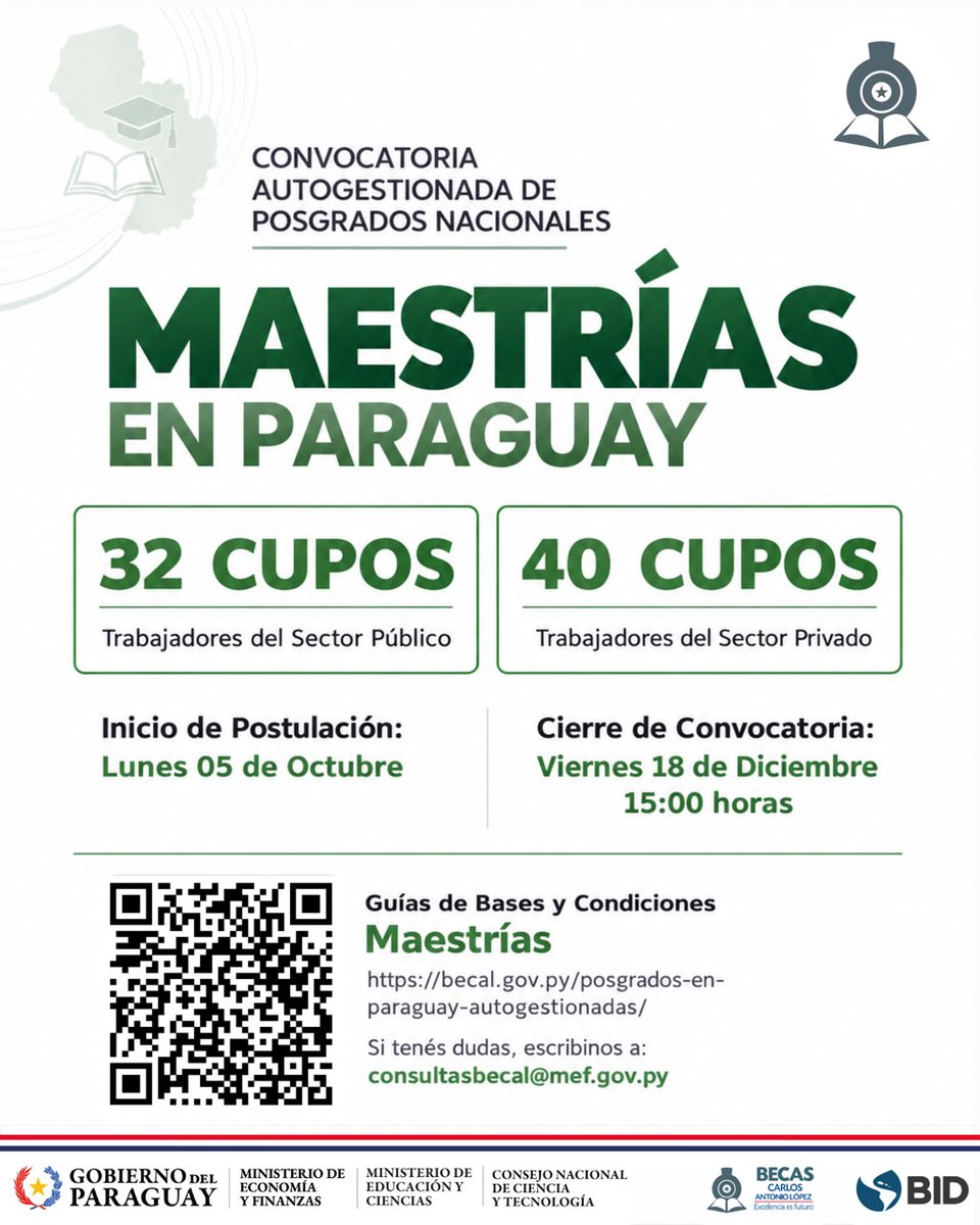 becalpy's tweet photo. #BECAL habilita la postulación a más de 100 becas de la 4ta. Convocatoria para hacer Maestrías y Doctorados y de la 2da. Convocatoria para cursar Especializaciones en Instituciones de Educación Superior (IES) de 🇵🇾

📰 Leé más: https://t.co/M1X3u4kQng https://t.co/XytBz5b8ls