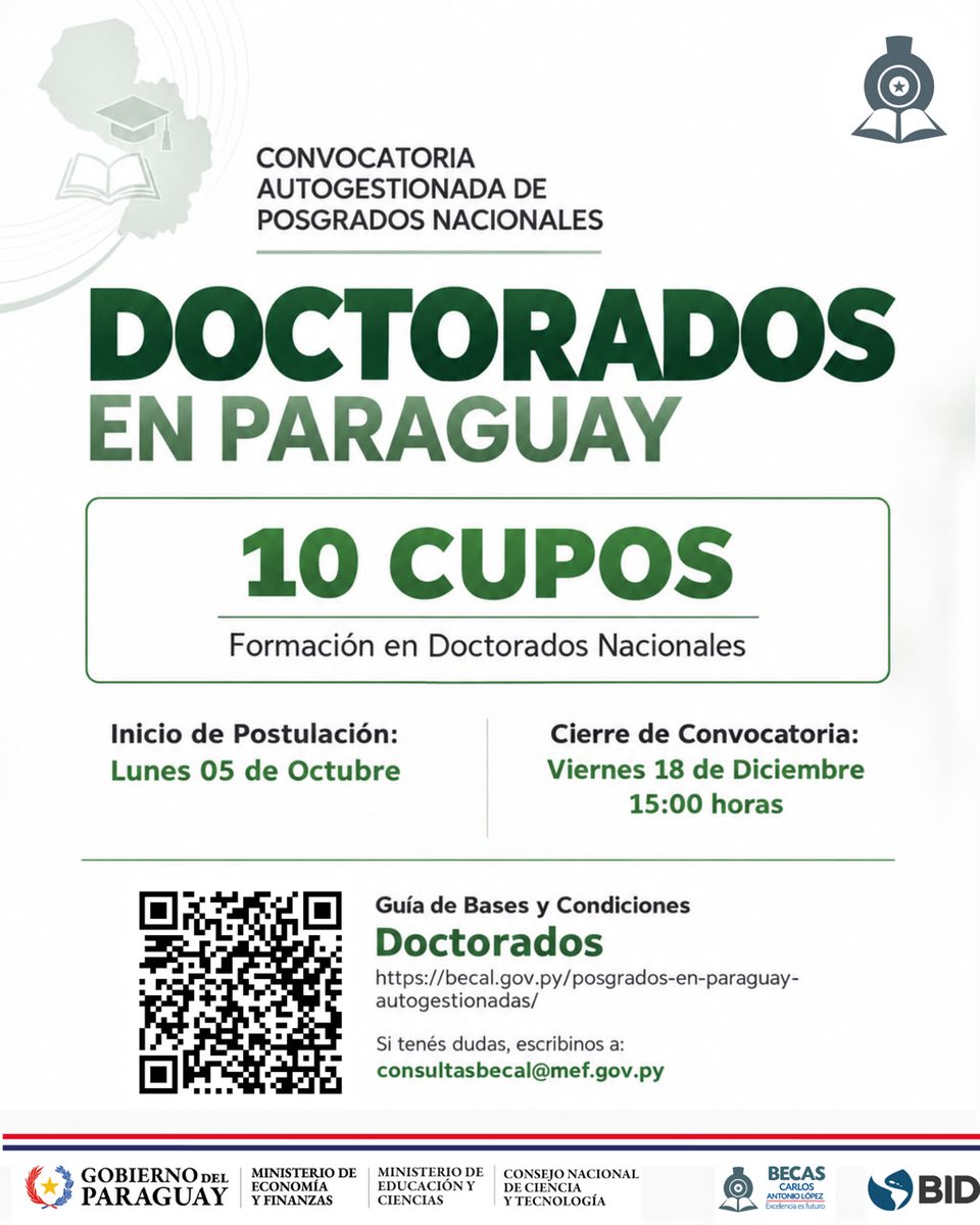 becalpy's tweet photo. #BECAL habilita la postulación a más de 100 becas de la 4ta. Convocatoria para hacer Maestrías y Doctorados y de la 2da. Convocatoria para cursar Especializaciones en Instituciones de Educación Superior (IES) de 🇵🇾

📰 Leé más: https://t.co/M1X3u4kQng https://t.co/XytBz5b8ls
