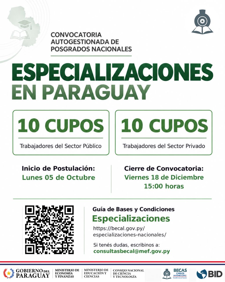 becalpy's tweet photo. #BECAL habilita la postulación a más de 100 becas de la 4ta. Convocatoria para hacer Maestrías y Doctorados y de la 2da. Convocatoria para cursar Especializaciones en Instituciones de Educación Superior (IES) de 🇵🇾

📰 Leé más: https://t.co/M1X3u4kQng https://t.co/XytBz5b8ls