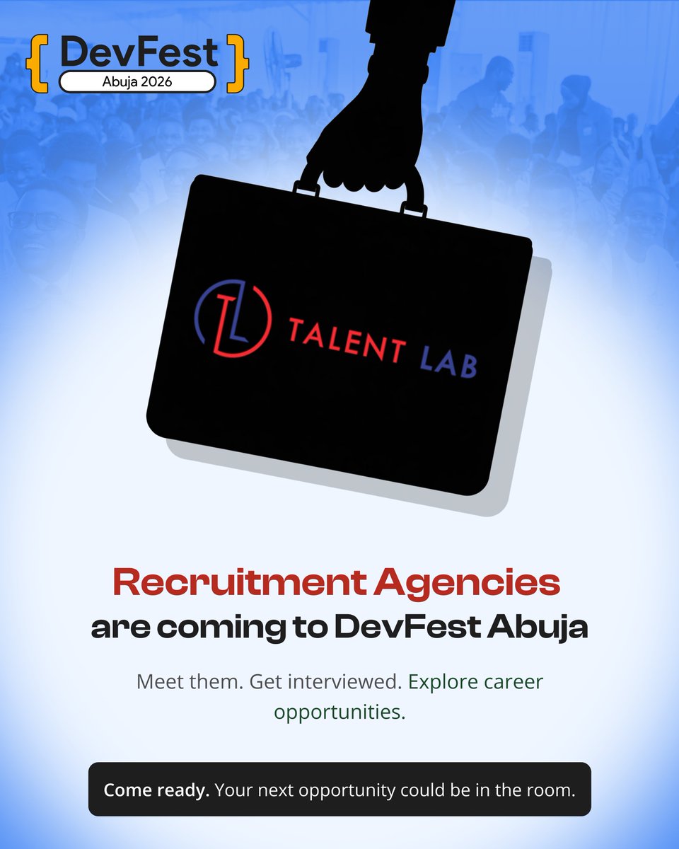 gdgabuja's tweet photo. Talent Lab is coming to DevFest Abuja!🚨 

Looking for your next career opportunity? 👀

Meet the Talent Lab team, get interviewed, showcase your skills, and explore new opportunities directly at DevFest.

🎟️ https://t.co/BWi0uWqPjp

#DevFestAbuja #DevFestAbuja2026 https://t.co/yMc8JXCjT1