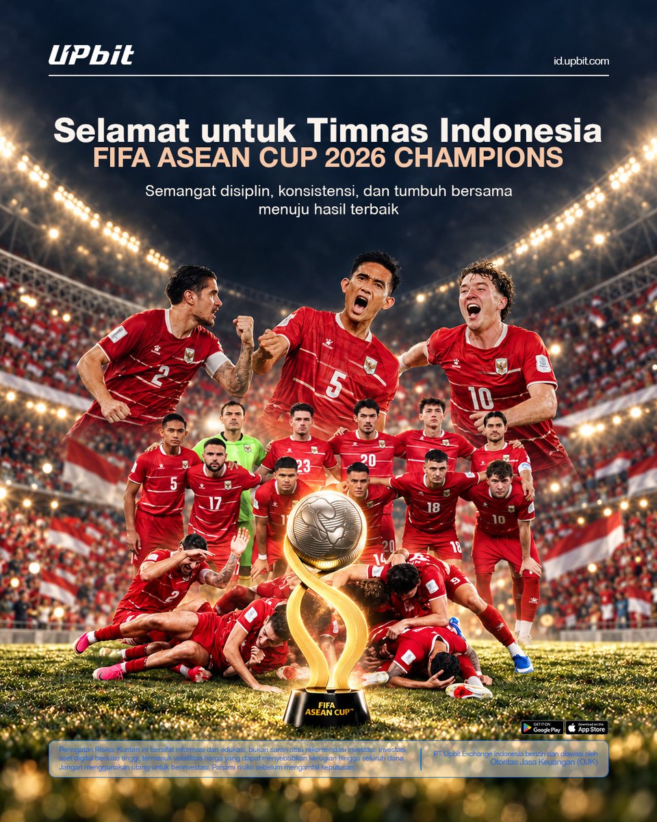 UpbitID's tweet photo. 🇮🇩 HISTORY MADE. CHAMPIONS OF ASEAN. 🏆

Indonesia mencatat sejarah dengan menjadi juara FIFA ASEAN Cup 2026 setelah mengalahkan Thailand 4–2 melalui adu penalti, usai bermain imbang 2–2 selama 120 menit.

Perjuangan, tekanan, dan mentalitas pantang menyerah Garuda akhirnya terbayar. Sebuah pencapaian bersejarah bagi sepak bola Indonesia.

Proud of the journey. Proud of the team. Proud to be Indonesian. 🇮🇩

Congratulations, Garuda!
The trophy is ours. The journey continues. 🏆

#IndonesiaJuara #TimnasIndonesia #Garuda #FIFAASEANCup2026 #ASEANCup2026 #Champions #GarudaMendunia #BanggaIndonesia #IndonesiaPride #SepakBolaIndonesia #MerahPutih #AyoIndonesia #ForzaIndonesia