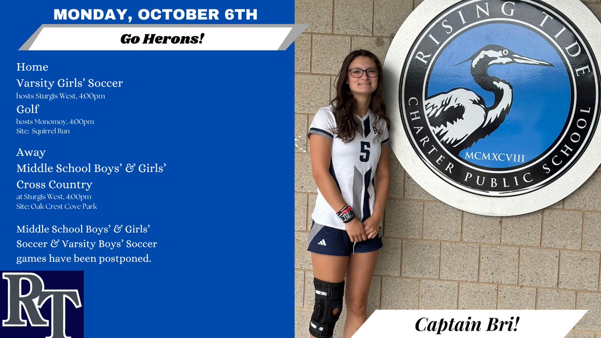 RisingTide1620's tweet photo. Tue. 10/6 schedule:
Home
Varsity Girls' Soccer host Sturgis West, 4:00pm
Golf host Monomoy, 4:00pm at Squirrel Run

Away
Boys' &amp; Girls' Cross Country at Sturgis West, 4:00pm
Site: Old Crest Cove Park, Sandwich

Middle School Soccer games, varsity boys' soccer - postponed. https://t.co/sx3gv3b41e