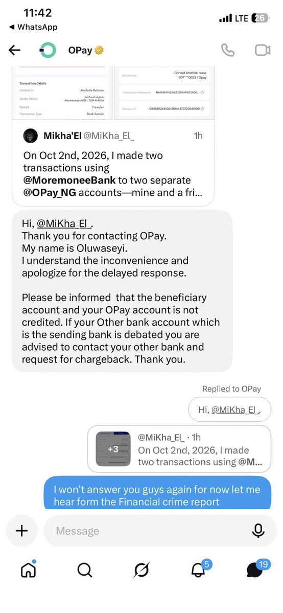 MiKha_El_'s tweet photo. @MoremoneeBank @_Africanteen @OPay_NG You’re not educated look at this screenshot it’s not Opay service agent @MoremoneeBank @OPay_NG 
Please @officialEFCC @fccpcnigeria @icpcnigeria @cenbank investigate  this bank for fraud against my account https://t.co/qEjzjfNQ4l