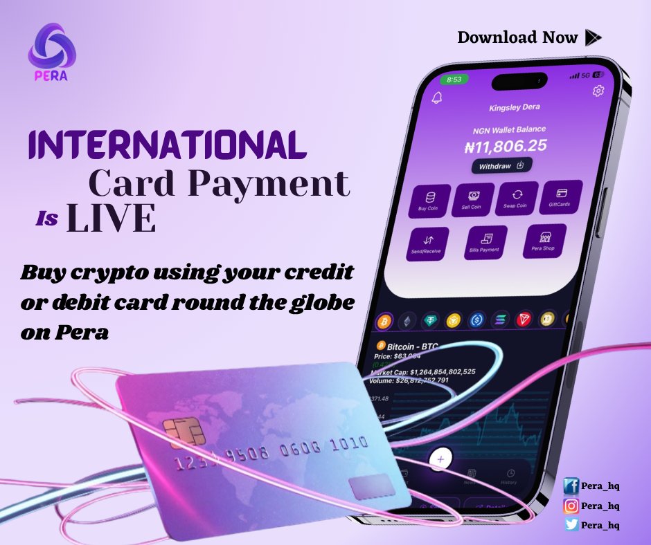 Pera_hq's tweet photo. 🚨 INTERNATIONAL CARD PAYMENTS ARE LIVE ON PERA! 🌍💳

Buy crypto on Pera using your credit or debit card from around the world. ⚡

A simpler way to get into crypto. 🚀

Download Pera and get started. https://t.co/RDadnnhhir