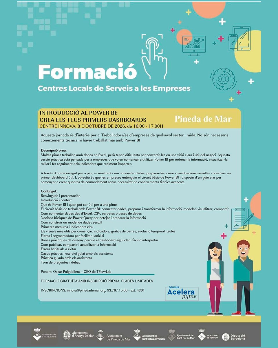 pinedademar's tweet photo. 📊 Les dades poden ajudar-te a prendre millors decisions per al teu negoci.

📍 Centre Innova
 📅 7, 8 i 13 d’octubre
 📝 Formació gratuïta amb inscripció prèvia
 📞 93 767 15 60
 📧 innova@pinedademar.org

#PinedadeMar #CentreInnova #Empresa #Formació #PowerBI https://t.co/ulFMzA435V