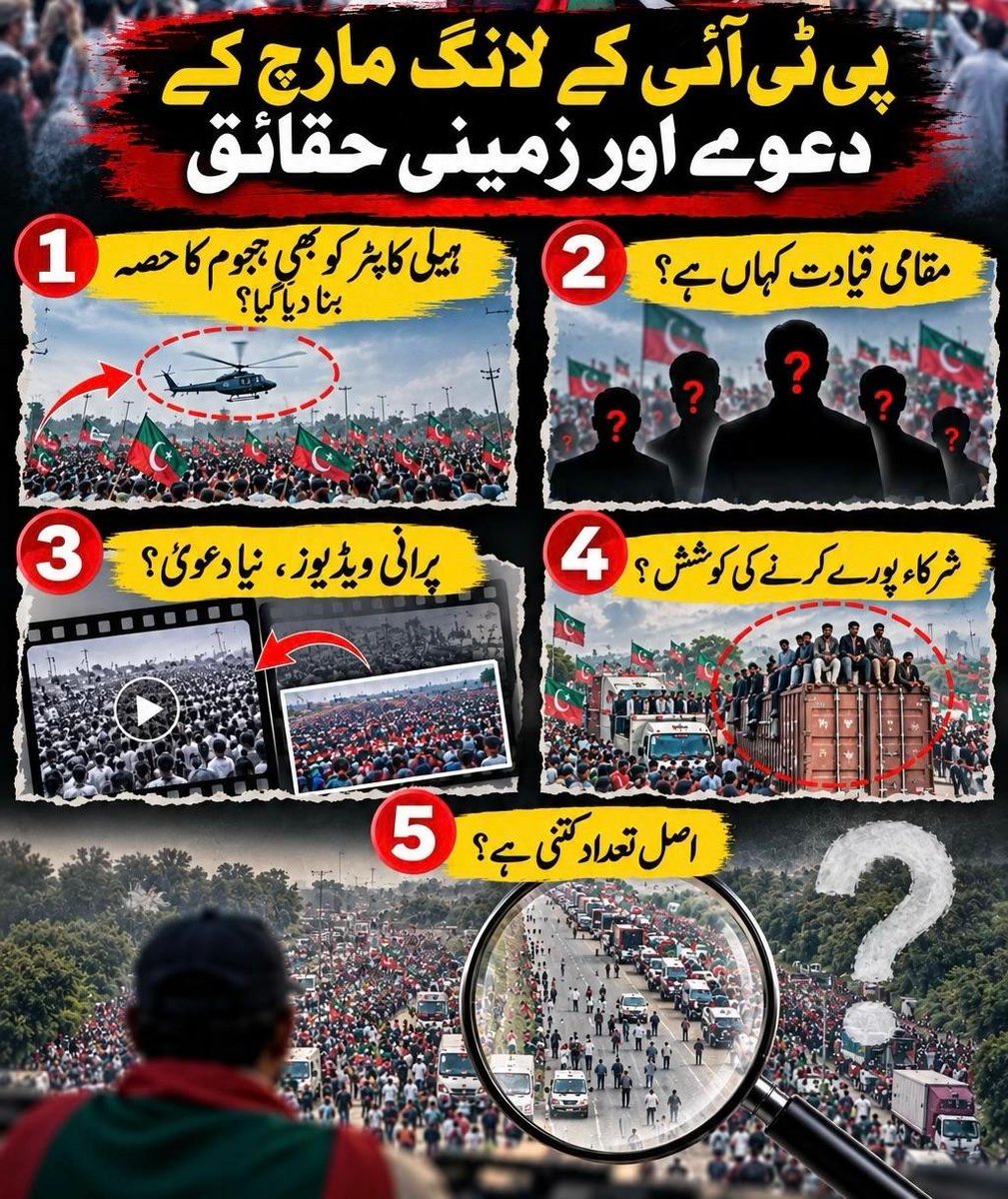 bleedgreen022's tweet photo. اگر مارچ واقعی عوامی تحریک ہے تو شرکاء کی تعداد کے بارے میں واضح اور قابلِ تصدیق اعداد و شمار سامنے کیوں نہیں آتے؟عوام اب سوشل میڈیا کے زاویوں سے نہیں، زمینی حقیقت سے فیصلہ کریں گے۔ جعلی تصاویر، پرانی ویڈیوز اور مبالغہ آمیز دعوے کسی ناکام سیاسی مہم کو عوامی تحریک نہیں بنا سکتے https://t.co/genlSp2gXs