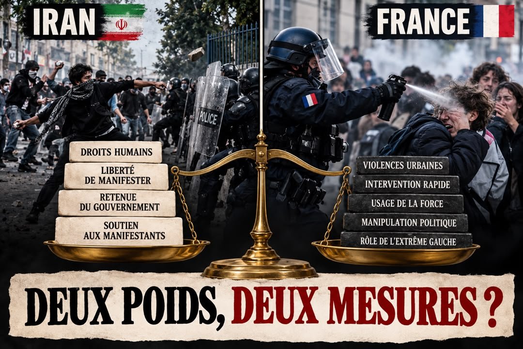 IRIMFA_SPOX's tweet photo. En janvier 2026, la France a appelé l’Iran à garantir le « droit de manifester pacifiquement sans crainte de représailles » et à faire preuve de retenue dans sa réponse aux manifestations. 

Malgré les appels à la révolte lancés depuis l’étranger et les informations faisant état d’attaques armées contre des centres et des forces de sécurité en Iran, le ministre français des Affaires étrangères a même parlé d’une « révolte pacifique ».

Aujourd’hui, en France, les manifestations de lycéens sont décrites comme des « violences urbaines ». Le ministre de l’Intérieur semble beaucoup moins enclin à la retenue et appelle à une intervention rapide et à l’usage de la force pour rétablir l’ordre. Le gouvernement évoque également une « manipulation politique » et le rôle des mouvements d’extrême gauche.

Il est évident que les violences contre la police, les incendies volontaires et les dégradations de biens publics ne peuvent être justifiés, et que l’État a le devoir de maintenir et de rétablir la paix et l’ordre public. 

Mais la contradiction se situe ailleurs : pourquoi les mêmes comportements et les mêmes critères sont-ils interprétés d’une manière lorsque le manifestant se trouve en Iran, et d’une autre lorsqu’il se trouve en France ?

Le problème n’est pas la contestation ; le problème est le deux poids, deux mesures. Si les droits humains et le droit de manifester sont des principes universels, leur définition ne devrait pas changer en fonction de la géographie du manifestant.