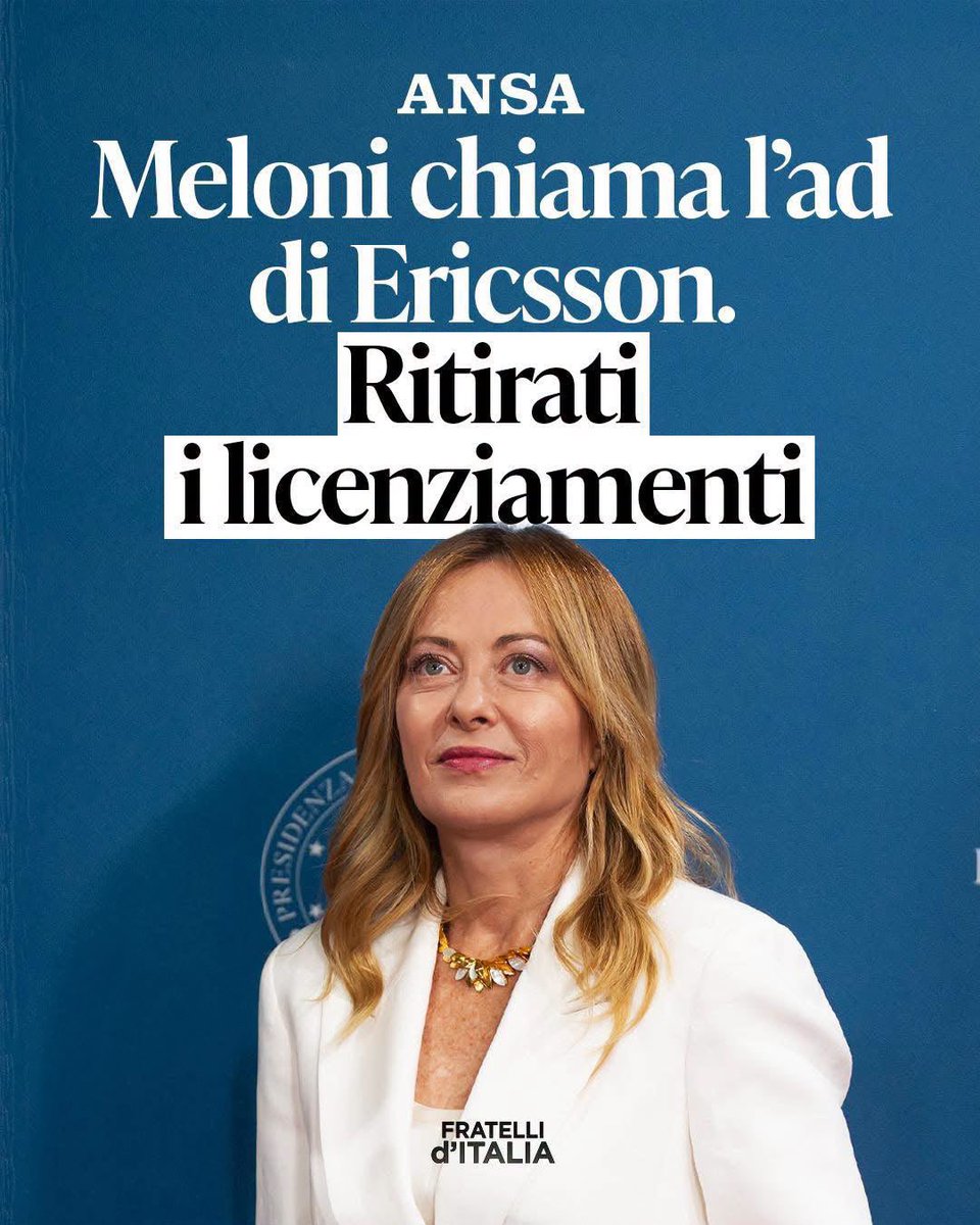 FrancescoLollo1's tweet photo. Grazie all’intervento diretto di Giorgia Meloni, Ericsson ha ritirato la procedura di licenziamento collettivo nella sede di Genova.

Una buona notizia per 131 lavoratrici e lavoratori e per le loro famiglie. 

Dalla parte di chi lavora, con azioni concrete. 🇮🇹 https://t.co/iWQrGIv9MQ