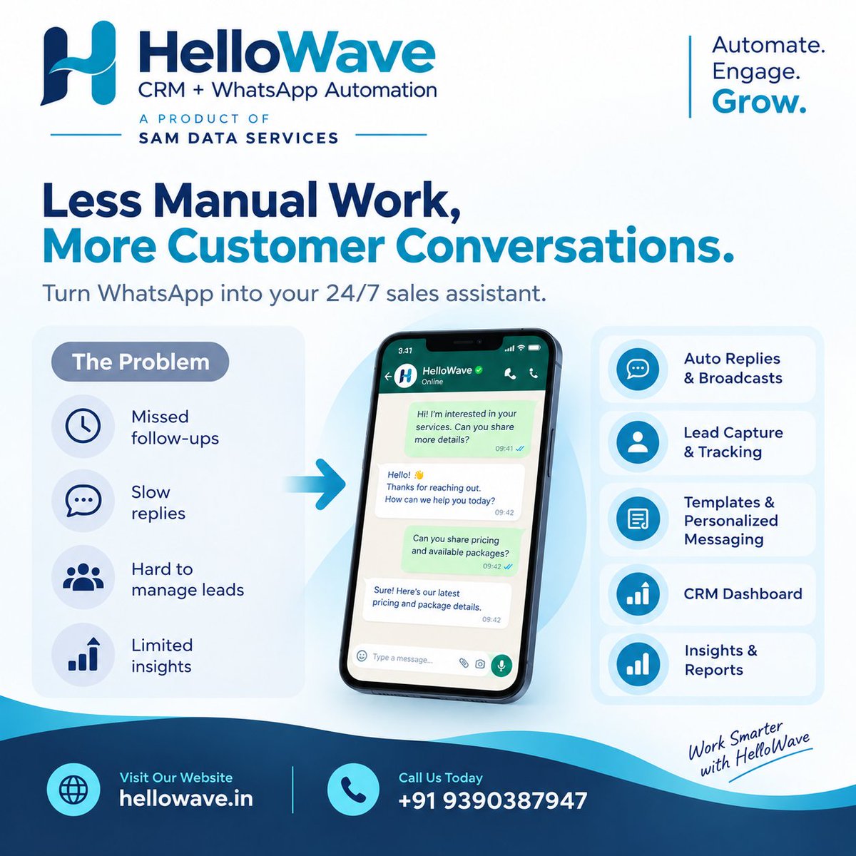 SamDataServices's tweet photo. Turn WhatsApp into a 24/7 sales assistant with HelloWave CRM. 💬 Automate replies, capture leads, manage conversations &amp; track insights - all in one place.   

🌐https://t.co/HnsJYXyLt9  

#WhatsAppAutomation #CRM #LeadManagement #BusinessAutomation #HelloWave https://t.co/0sjAK5xzgL