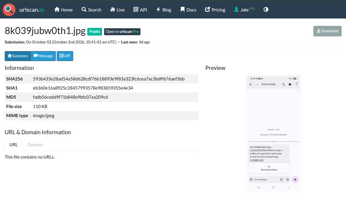 JCyberSec_'s tweet photo. Using the new @urlscanio Files feature, I recently uncovered a targeted Indian eChallan malware campaign! 📱  🇮🇳

🎯 Here is how the attack chain unfolded: https://t.co/LumZJ9qZtg