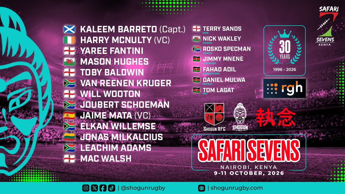 Shogunrugby's tweet photo. Our Safari Sevens 2026 squad is locked and loaded, with 8 Nationalities forming our Safari 7s #Shogun Family
30 Years of Shogun. 30 Years of Safari Sevens. Two incredible rugby stories collide in Nairobi this weekend. 
Here is your Shogun squad for Safari 7s and leading the charge is Kaleem Barreto, supported by vice-captains Harry McNulty and Jaime Mata  with some serious firepower on the touchline too.
At the helm, we have former GB7s Women’s Head Coach Nick Wakley, joined by former Blitzboks star Rosko Specman as Assistant Coach. Experience, flair and Sevens pedigree in abundance. 

@safarisevens @OfficialKRU 

#ShogunFamily #SafariSevens #Nairobi #RugbySevens #ProvenPathway
