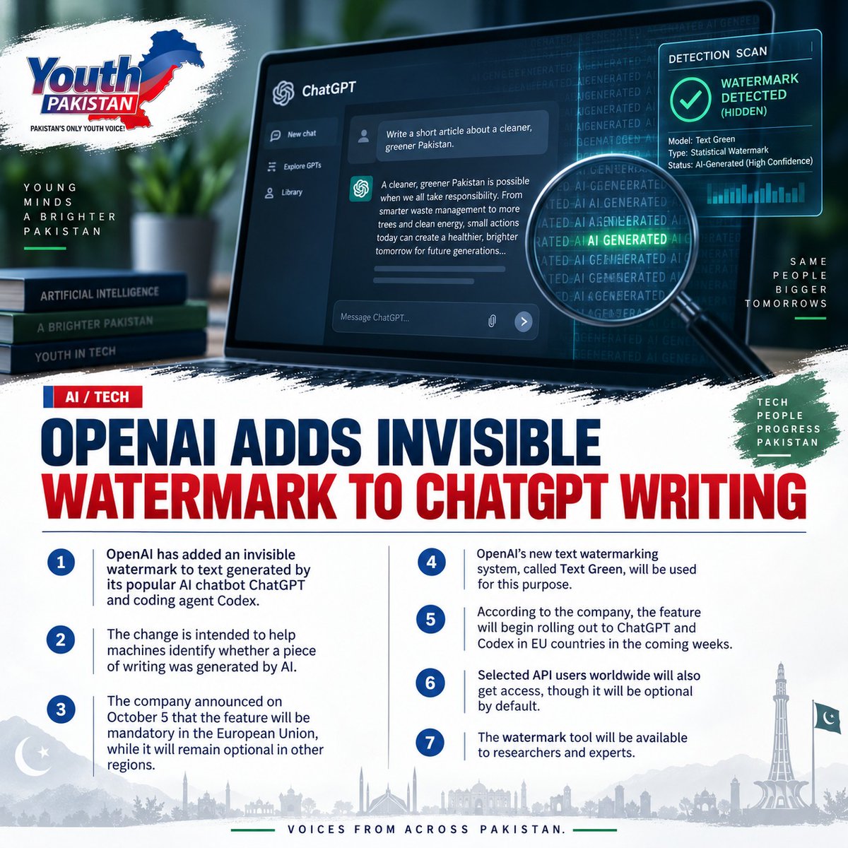 youthpakistan7's tweet photo. OPENAI Adds Invisible Watermark to CHATGPT Writing - Youth Pakistan
#chatgpt #openai #artificialintelligence #aiwriting #textwatermark #YouthPakistan https://t.co/FU9YeTW76o