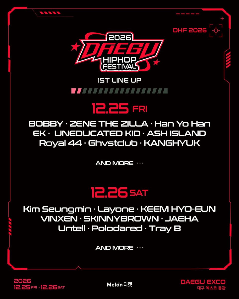 iKON_Global's tweet photo. [🔔] iKONICs, #BOBBY is part of the lineup for the 2026 Daegu Hiphop Festival 🎉

🗓️ December 25, 2026 (Friday)
📍 Daegu EXCO 동관

For more information, go check @.daeguhiphopfestival on Instagram 🔥

#바비 @bobbyranika 
#iKON @iKONIC_143 #아이콘 https://t.co/y0TfgTFN6u