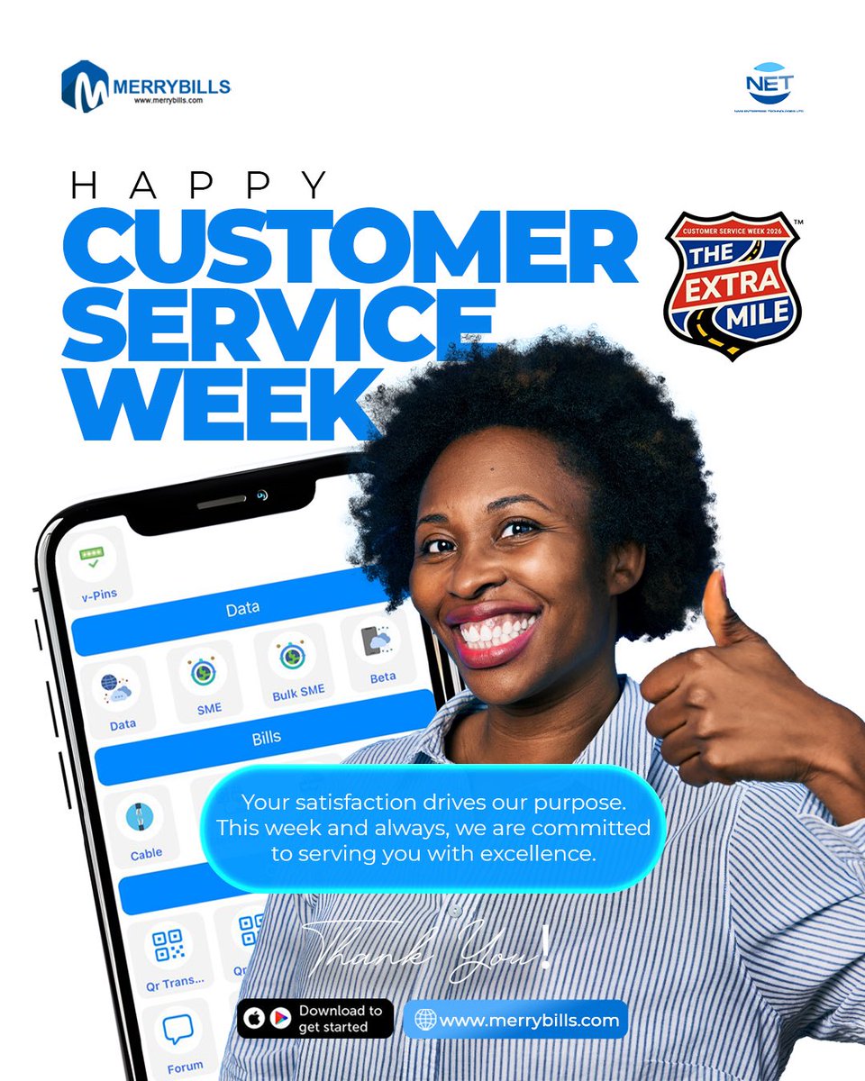 merrybills_'s tweet photo. Happy Customer Service Week.
Your satisfaction drives our purpose.
This week and always, we are committed to serving you with excellence.
Thank you 😊
#merrybills #customerserviceweek #merrycustomers #theextramile #happycustomerserviceweek2026 https://t.co/MUPiRQBlSr