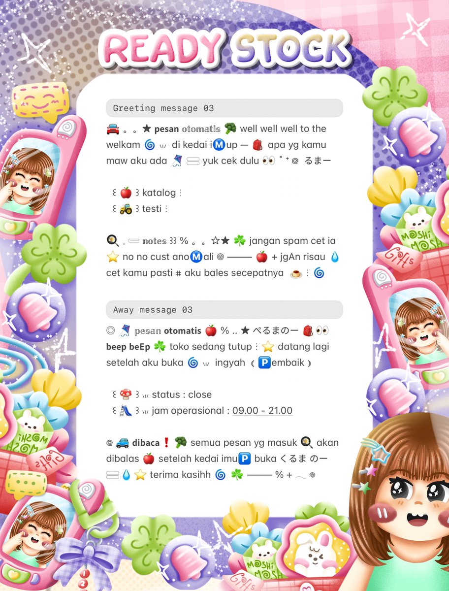 charmouraa's tweet photo. ◎ ꔛ ˚ help repost? thank you 🎀 💬

🍏 gusyyy aku bawa ☘︎ 3 wording greeting &amp; away message  ៸៸ 👛 𓊔 👚 price only @ 10.000 𖠗 ⁺ 🍪🐰 bisa kamu jemput by dm atau wassap 💬  ーこらいと。。
#zonauang https://t.co/9TPhfRvaI0