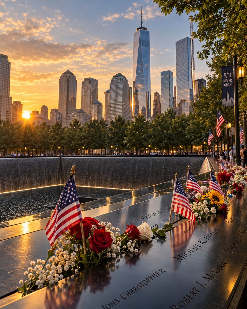 djsaul0's tweet photo. 25 years later, we remember. At the 9/11 Memorial, names are etched in stone, memories live in our hearts, and a nation honors those we lost. Never forgotten. Always remembered. https://t.co/XwwkihjIoe