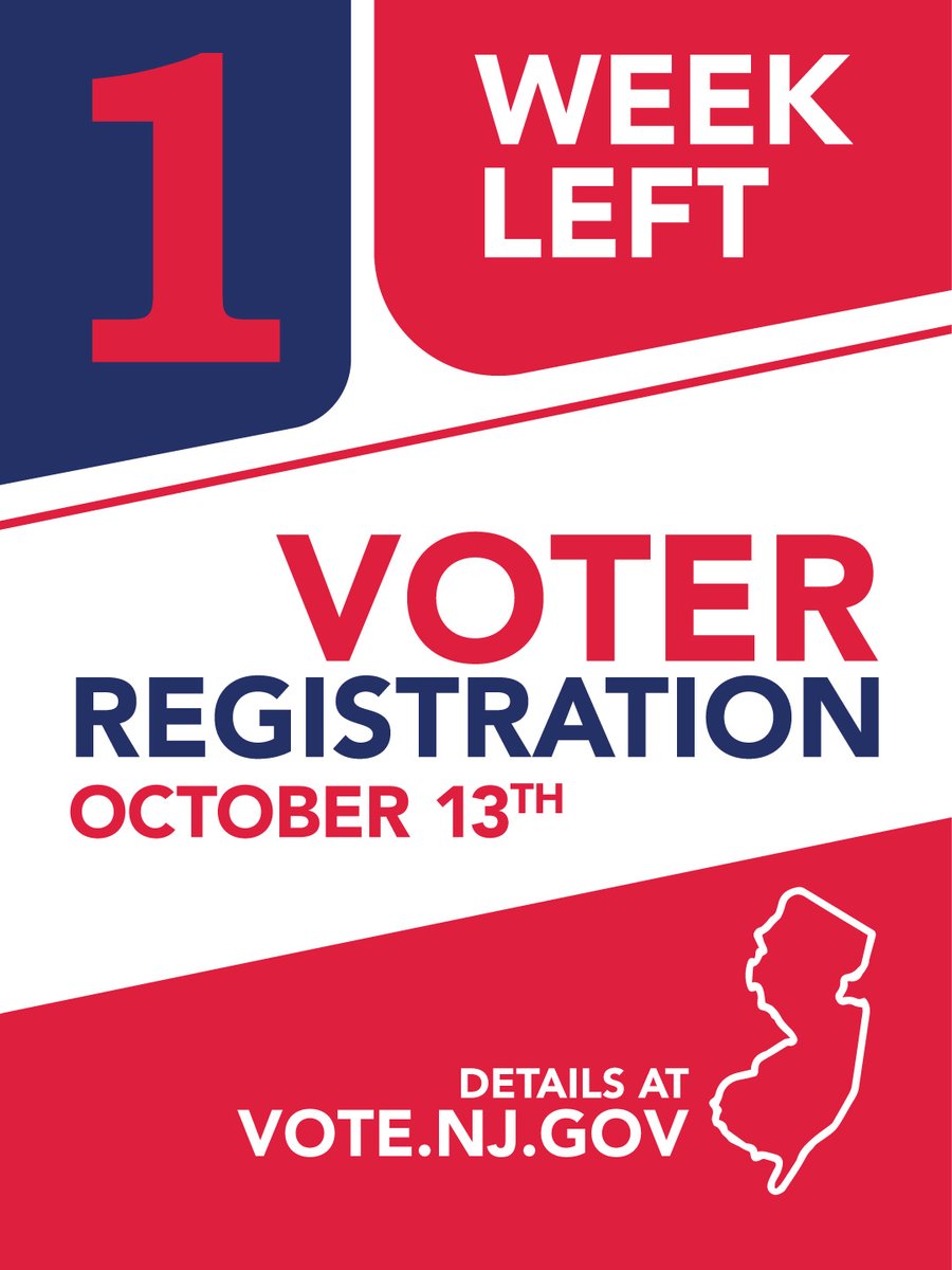 NJ_Votes's tweet photo. There is only ONE week left to register to vote in the 2026 General Election. Get registered or update your registration before the deadline on Tuesday, October 13, at https://t.co/cQuyqgPXV2. #NJVotes #NationalVoterEducationWeek https://t.co/wOt0vYzmTn