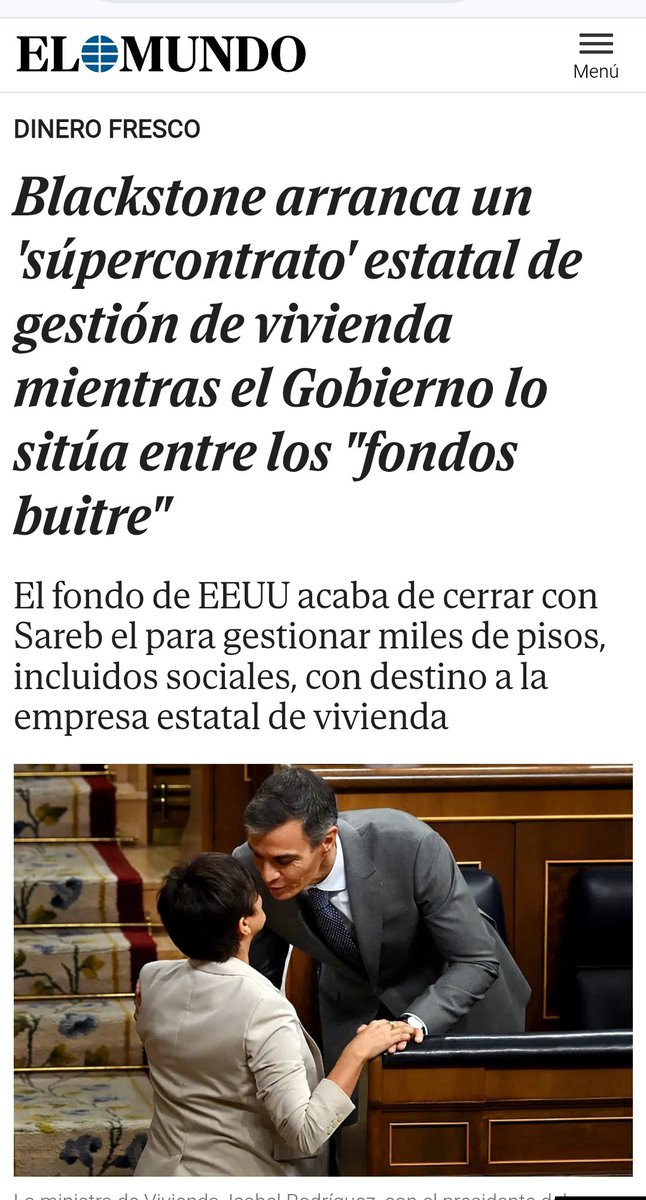 Cyandeceres's tweet photo. El gobierno más progresista de la historia y que menos vivienda social ha construido en 40 años le regala la gestión de los pisos de la Sareb a Blackstone, esa conocida entidad marxista. Ya hizo algo similar en 2022, pasándose por el forro la propia Ley de Vivienda que se supone que estaban tramitando. 
Viva Mari Carmen, viva el vino  muera el fascismo rentista.