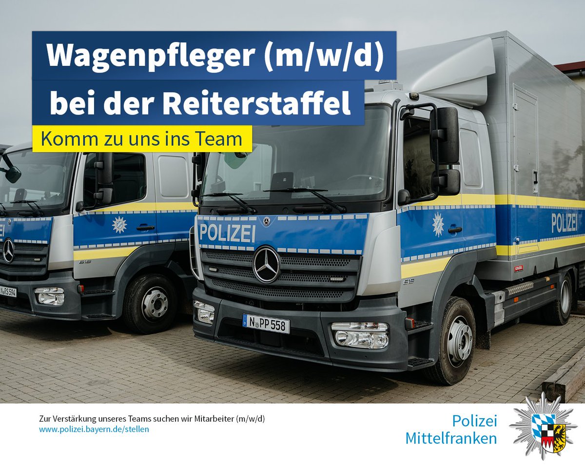 PolizeiMFR's tweet photo. +++ #Stellenagebot +++
Bei der #Reiterstaffel der Polizeiinspektion Zentrale Einsatzdienste Mittelfranken in #Nürnberg suchen wir zum 01.11.2026 einen Wagenpfleger (m/w/d).
Weitere Infos unter:
▶️ https://t.co/qCjqTNPWor https://t.co/hYBcYCOwVb