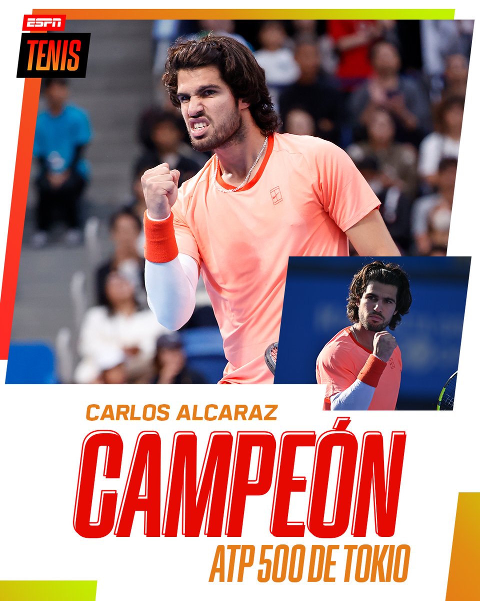 ESPNtenis's tweet photo. ¡ALCARAZ BICAMPEÓN DE #TOKIO! 🇪🇸💥

El español repitió el título en la capital japonesa tras vencer a 🇨🇿 Lehecka por 7-6 (4) y 6-4 y sumó el décimo ATP 500 de su carrera. 👏

🏆 23 años, 27 trofeos para el actual N°3 del mundo. https://t.co/AZ5VNLpMq5