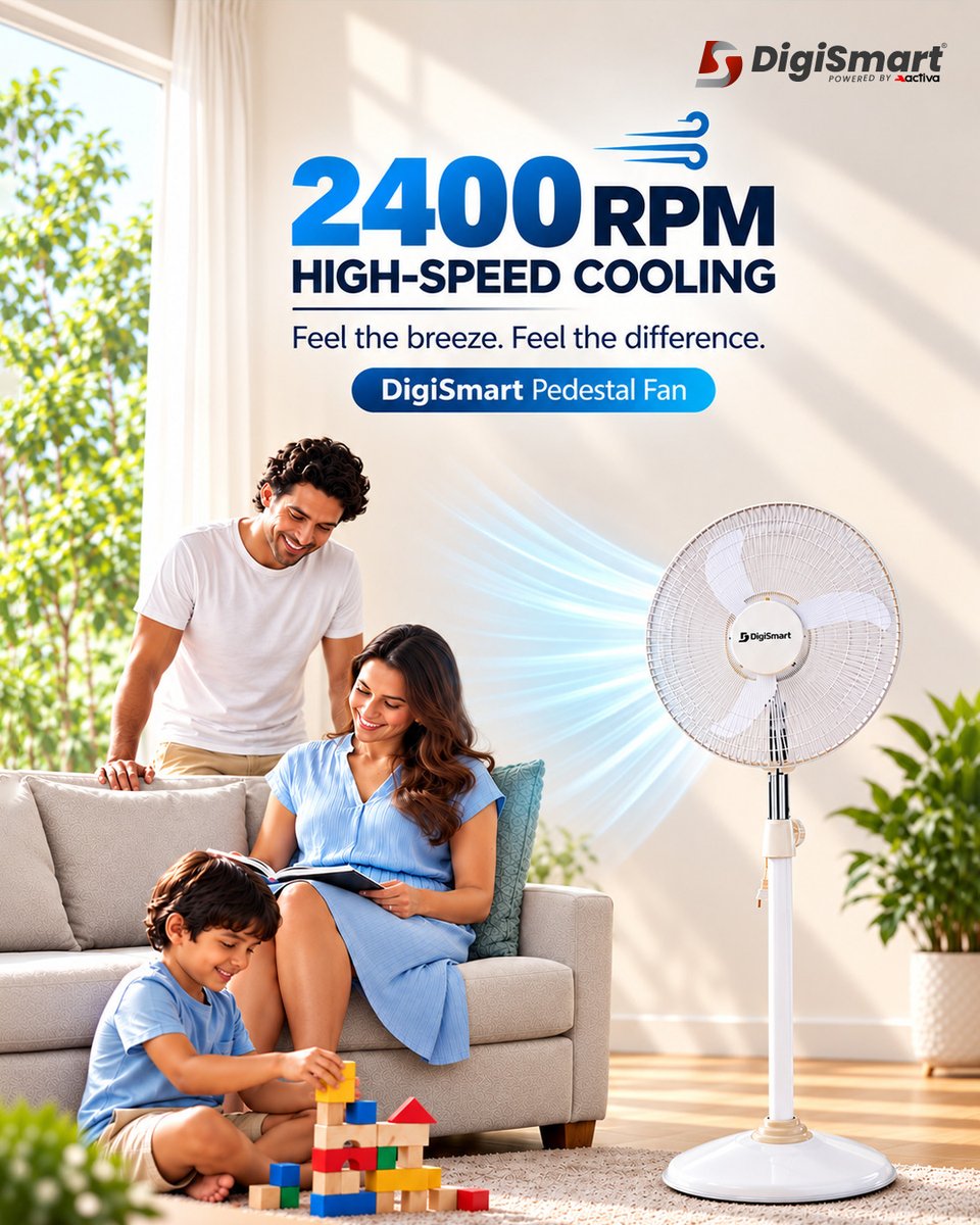 DigiSmartElect's tweet photo. Beat the heat with powerful performance! 💨⚡
With 2400 RPM high-speed cooling, the DigiSmart Pedestal Fan keeps every corner of your home feeling fresh and comfortable. 🏠✨
Feel the breeze. Feel the difference.
#DigiSmart #PedestalFan #HighSpeedCooling #SmartLivingStartsHere https://t.co/LRrwT7tpW6