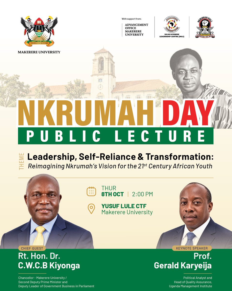 rodneyrugyema's tweet photo. Dear X friends, please join us for this thought provoking public lecture on Thursday 8th October, 2026 at the Yusuf Lule Auditorium. https://t.co/fovrZm0kr6