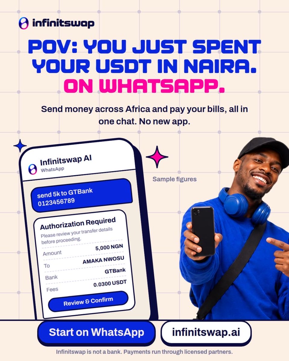 Infinitswap's tweet photo. POV: You just paid someone in Naira with your USDT, without leaving WhatsApp.

There’s so much more you can do with your stablecoins.

Send money in local currencies, Send money across Africa, Save, Pay bills and utilities.

No hopping between apps. No patronizing P2P vendors or middlemen. No P2P scam worries.

Just tell Infinitswap AI what you want to do in one sentence on WhatsApp, and it gets done.

Safe. Secure. Fast. Extremely fast.

That’s Infinitswap.
