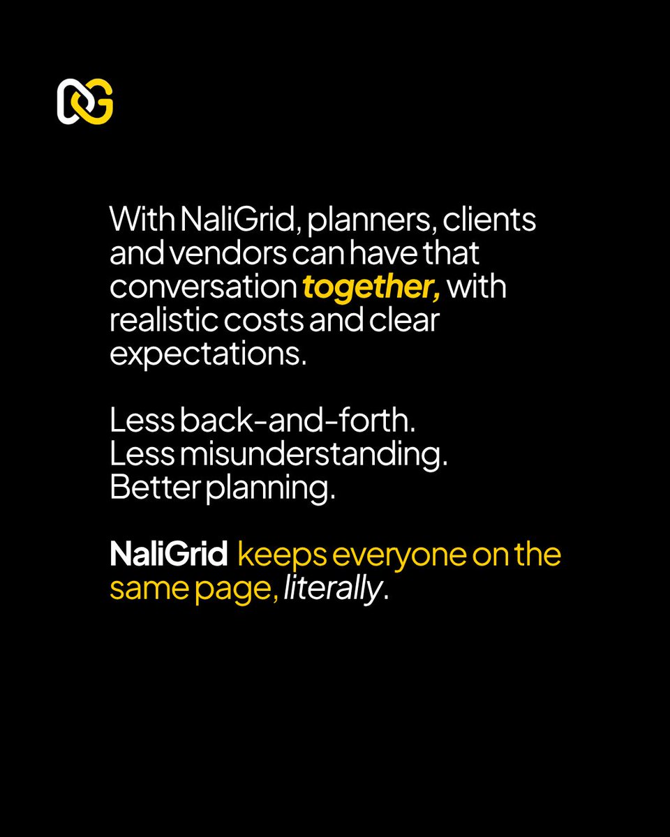 naligrid's tweet photo. NaliGrid helps everyone have that conversation upfront.

Less back-and-forth. Better planning.

#NaliGrid #NigerianEvents #EventPlanning https://t.co/gS2NxuJETp