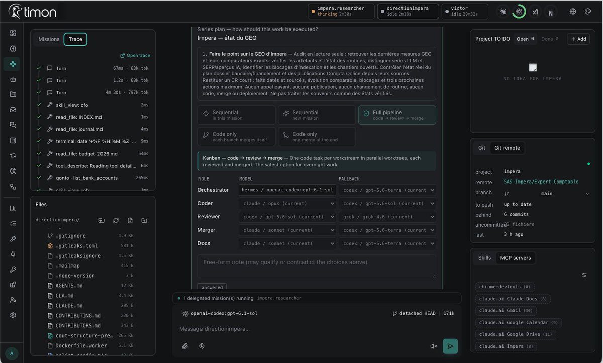 TrochetA's tweet photo. Je suis en train de tester le transfert de mes agents hermes dans @ai_timon et je dois dire que je suis bluffé pour l'instant.

Alors certes c'est un harnais qui peut sembler difficile à prendre en main à première vue mais les capacités sont folles si vous bossez en multi provider notamment. 

La visualisation des agents, des workflows, le kanban tout est fait pour avoir un seul outil et permettre une productivité maximale.

Je sais également de source sure qu'il y a du lourd qui arrive. Branchez-vous avec le roi des suricates c'est tout ce que j'ai à dire !