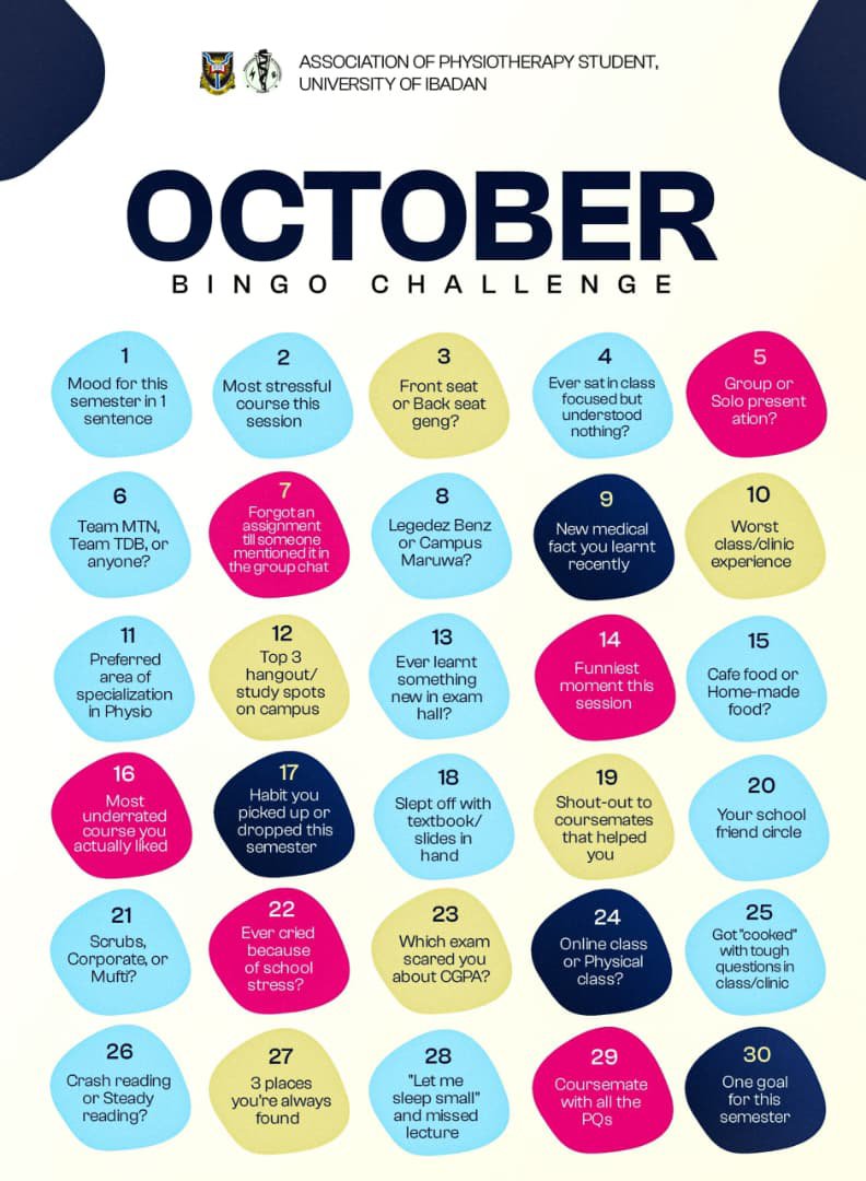 Aps__UI's tweet photo. 🏦FROM THE OFFICE OF APS ACADEMIC AND WELFARE COMMITTEE
October is here, and we’re bringing a little fun into our academic journey! 🥳
How well can you relate to the everyday experiences of a Physiotherapy student? ✨
#PhysiotherapyStudents
#PhysioLife https://t.co/wDPee2g0sK