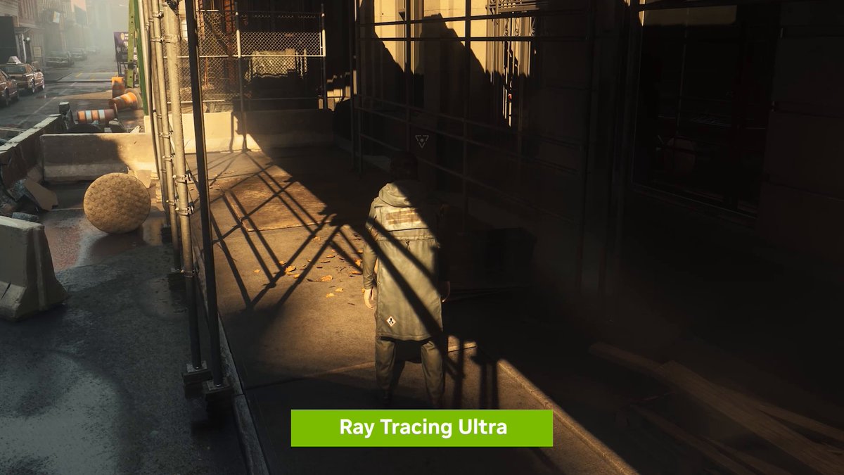 A video game screenshot shows a character in a trench coat walking down a sunlit, fenced alleyway, with a green banner at the bottom reading "Ray Tracing Ultra".