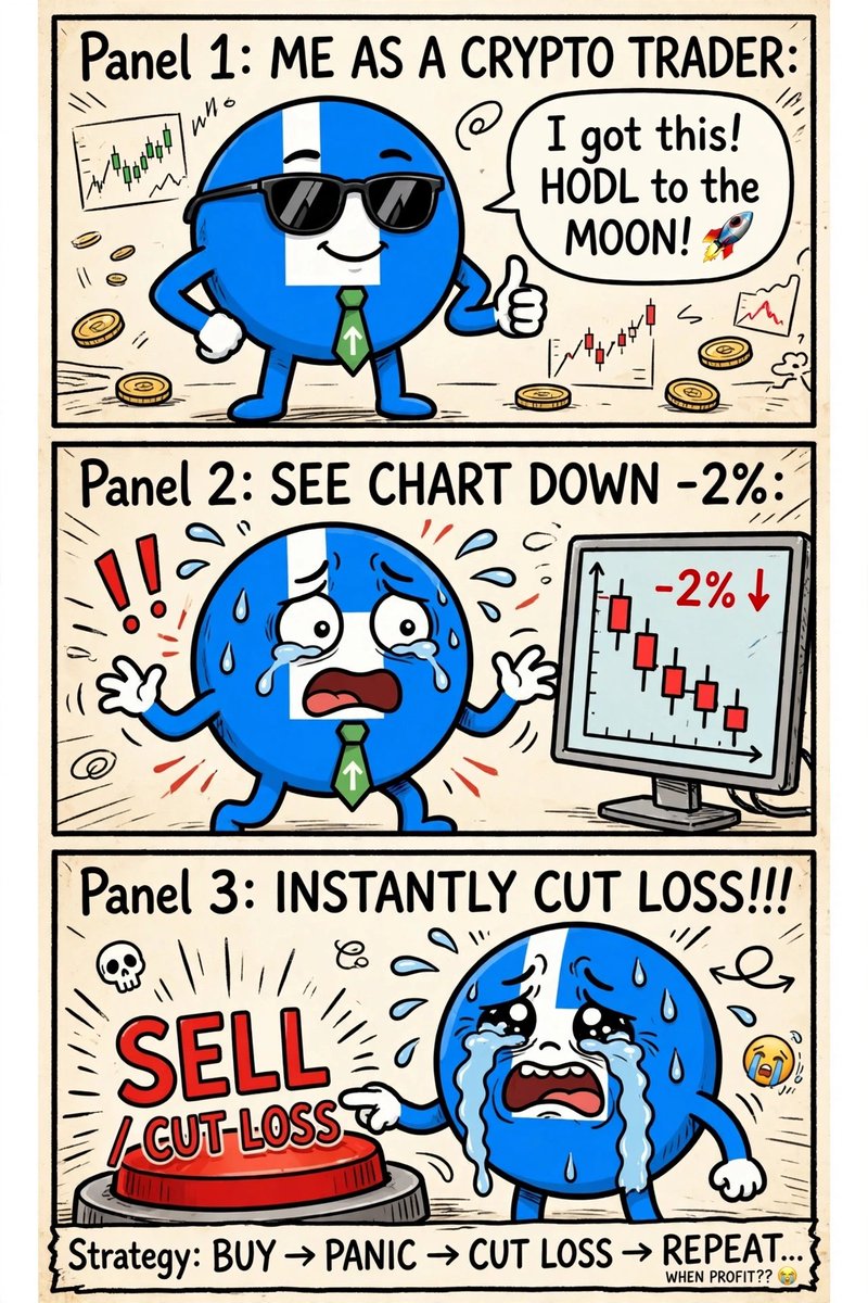 0xNitaRose's tweet photo. Trader starter pack 😂
Title: The Trader's Eternal Cycle
Me, a crypto trader: See chart drop 2% -> Cry Immediately hit SELL / CUT LOSS
The strategy: BUY -> PANIC -> CUT LOSS -> REPEAT... So, when do the profits come? 🤡
#Coincolabestmeme https://t.co/pl54mXsUaI