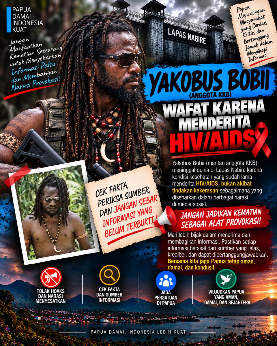 Judikamurat's tweet photo. HIV jadi penyebab meninggalnya Anggota KKB Papua di lapas Nabire.

#yakobusbobii #papua #papuaindonesia #papuadamai Hubner #TimnasDay dean james #puanmaharani #CARMEN1stSoloProject https://t.co/sgsraTzhVG