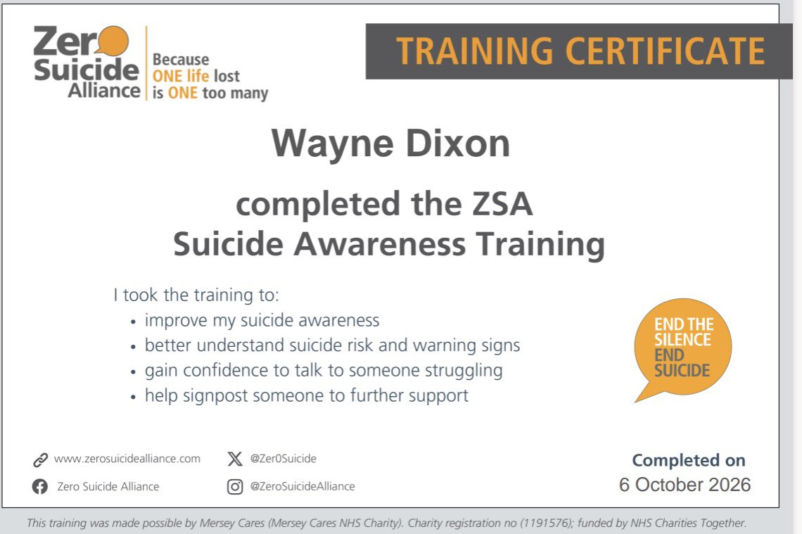 Wayne_Dixon's tweet photo. 💚 Could 30 minutes help save a life?

The free @Zer0SuicideAlliance Training takes just 30 mins &amp; helps you spot warning signs, start supportive conversations, find help when it's needed.

Open to anyone aged 16+,.

Please take the course and share.

🔗 https://t.co/PQySFgU13y https://t.co/LIgWsKcgbc