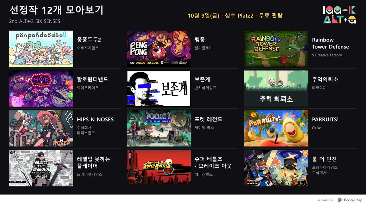 ALTG_OFFICIAL's tweet photo. 2nd ALT+G SIX SENSES 선정작 12개 모아보기

그동안 소개한 12개 게임을 한자리에 모았습니다!
행사에서 플레이할 작품들을 미리 확인해 보세요.

10월 9일(금), 성수 Platz2에서 직접 플레이하세요!

https://t.co/dZD7mVTYzl

#ALTG #인디게임 https://t.co/dxaEo1UAiI
