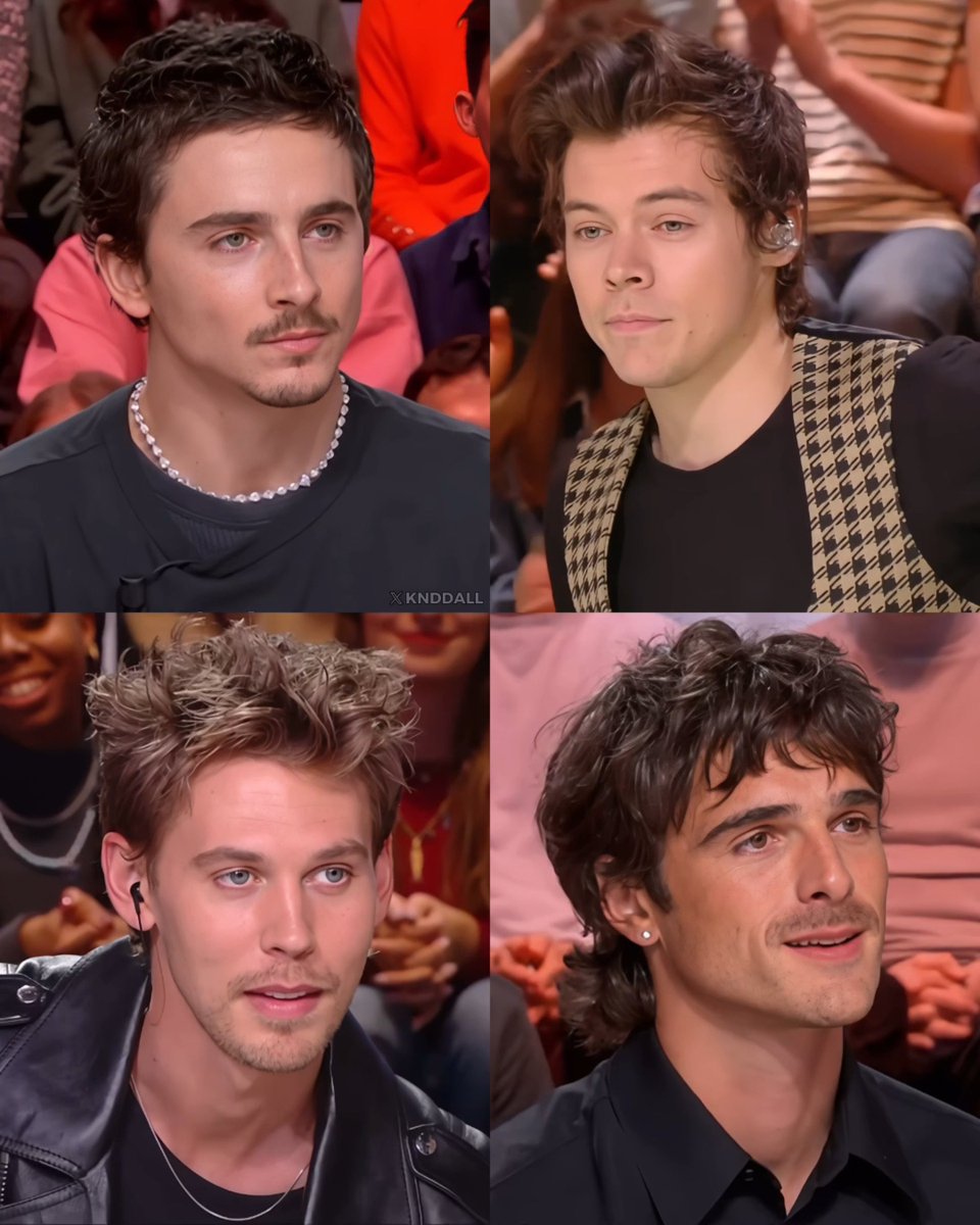 A four-panel collage shows four young men with wavy/curly dark hair in audience-style settings, with the watermark "X KNDDALL" visible. The post's caption, claiming only one is handsome, invites viewers to identify which subject they consider most attractive.