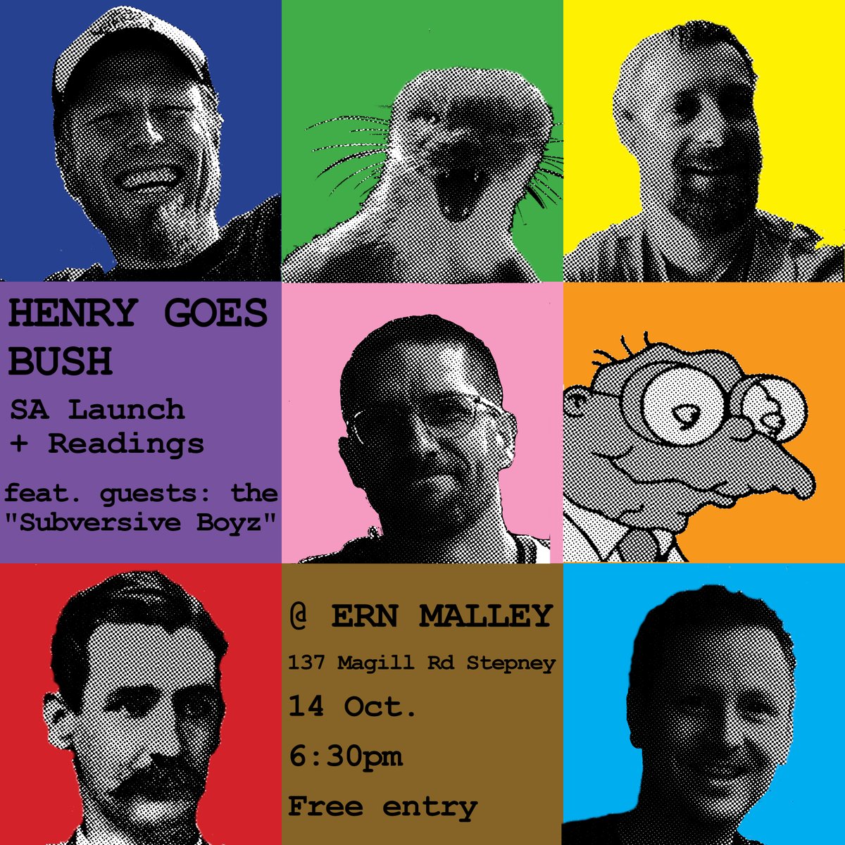 roffwrites's tweet photo. Adelaide pals: seldom do we celebrate a Victorian, but we have to make an exception for Wayne Marshall's debut novel, Henry Goes Bush. Launching next Wed at Ern Malley. Free entry, just rock up, and don't worry: LOCALLY-sourced readings from yours truly, Alex Cothren &amp; Jake Dean. https://t.co/ei3qCAgbO9