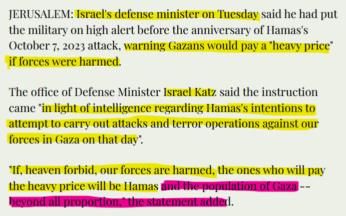KateEmersonBri's tweet photo. So if anything harms any IOF soldiers, not only will Hamas pay the price, but also '...the population of Gaza--beyond all proportion.' 
Israel Katz is describing committing a war crime, punishing an entire population for the actions of a small ragtag group of freedom fighters and no world leader is speaking out to say NO! 
https://t.co/anjXGaikeS
