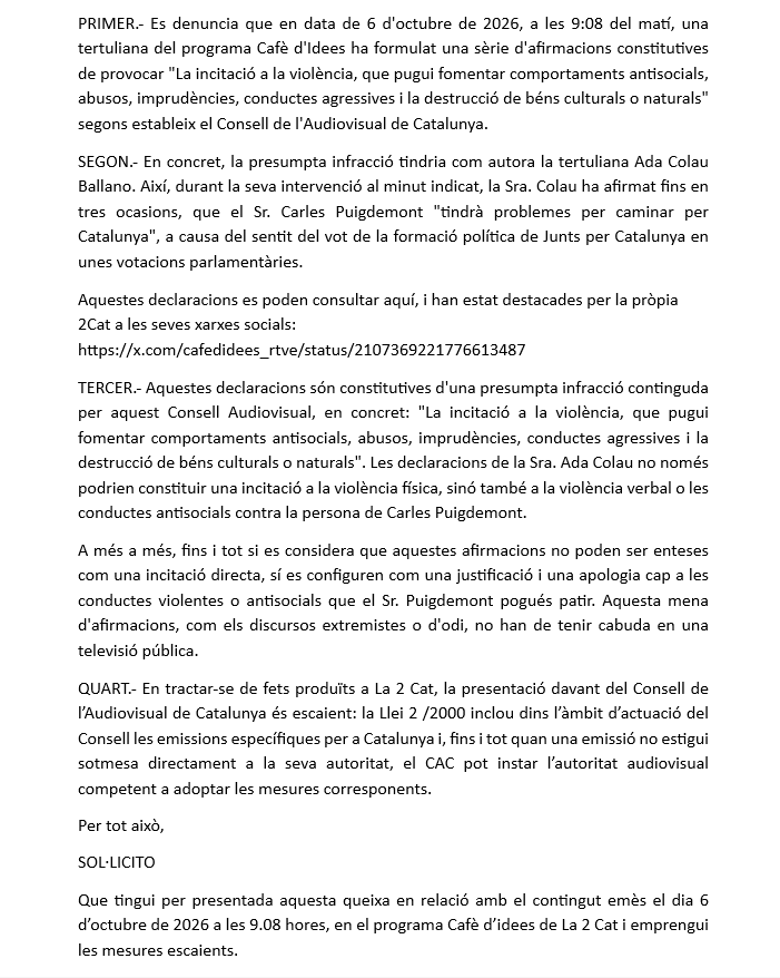 q_u_i_m_'s tweet photo. Us informo que he presentant una queixa al @Consell_Audio per aquestes declaracions d'@AdaColau. Són constitutives de la incitació, o almenys l'apologia, de la violència o la intimidació contra Carles Puigdemont @KRLS. https://t.co/ZGYf6fHLcC