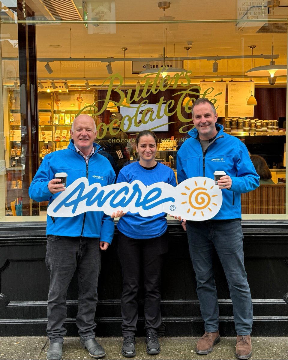 Aware's tweet photo. Today is Butlers Cup4Aware!☕️💛 

We’re delighted to have @ButlersChocs supporting Aware again this year. 

€1 from every coffee and hot chocolate sold at Butlers Chocolate Cafés nationwide will be donated to Aware, helping fund our free support, therapy and education services. https://t.co/tg0eXW8BJp