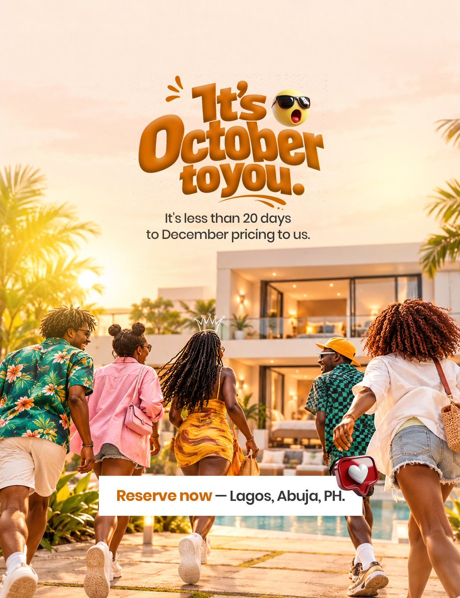 cityspacesng's tweet photo. It's October to you.

It's less than 20 days to December pricing to us.👀

Verified shortlets in Lagos, Abuja and PH are filling up. 

Reserve before December does what December does.

#cityspacesandbookings #DettyDecember #Shortlets https://t.co/LOdH0qFk0f